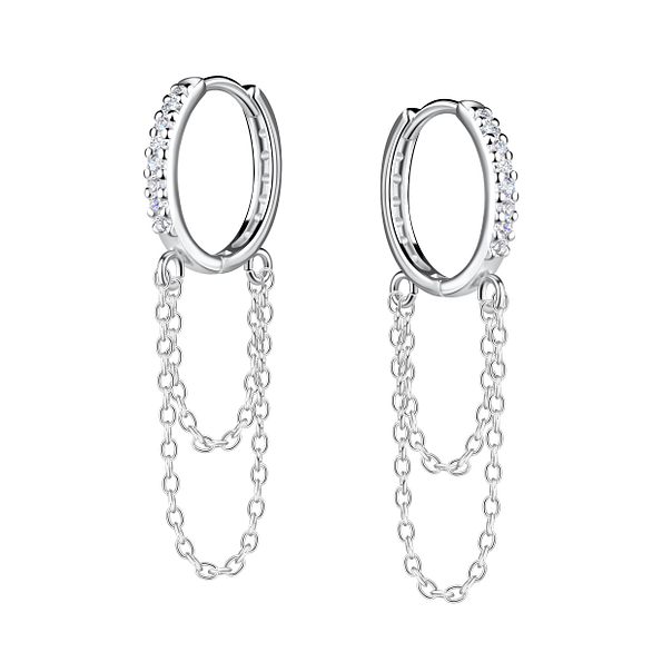 Silver Eternity Huggie Earrings with Hanging Chain - 20612