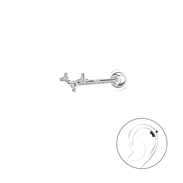 Silver Three Stones Cartilage Stud with Ball Screw Back - 20452