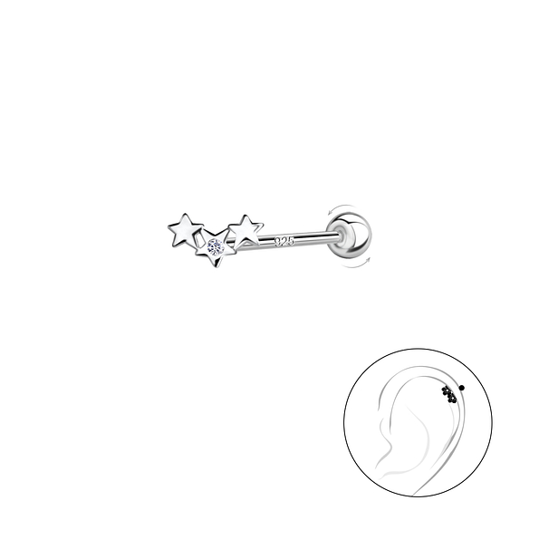 Silver Triple Star Cartilage Stud with Ball Screw Back - 20455