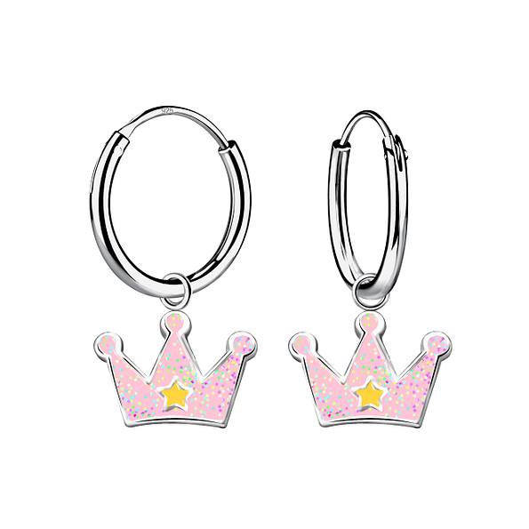 Silver Crown Charm Hoop Earrings - 20580