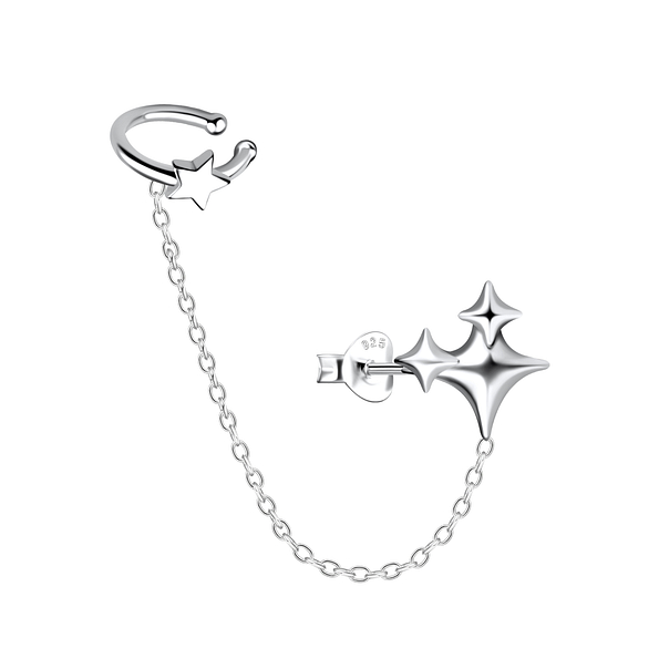 Silver Triple Star Stud Earrings and Ear Cuff with Chain - 20931 Silver Triple Star Stud Earrings and Ear Cuff with Chain - 20931