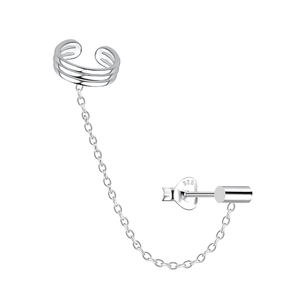 Silver Bar Stud Earrings and Pattern Ear Cuff with Chain - 20932