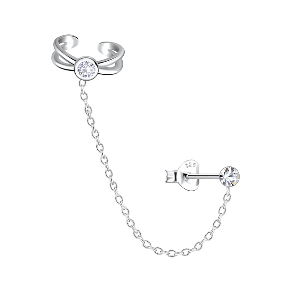 3mm Crystal Silver Stud Earrings and Cross Ear Cuff with Chain - 20934