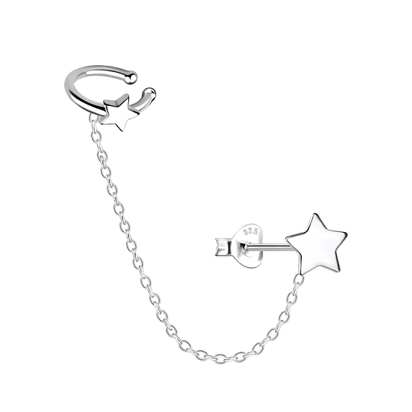 Silver Star Stud Earrings and Ear Cuff with Chain - 20935