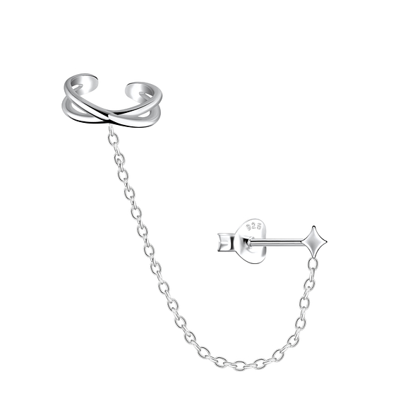 Silver Star Stud Earrings and Cross Ear Cuff with Chain - 20940