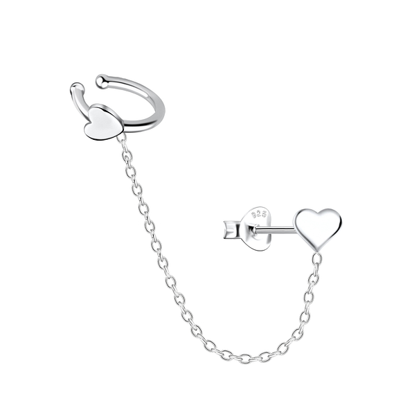 Silver Heart Stud Earrings and Ear Cuff with Chain - 20941