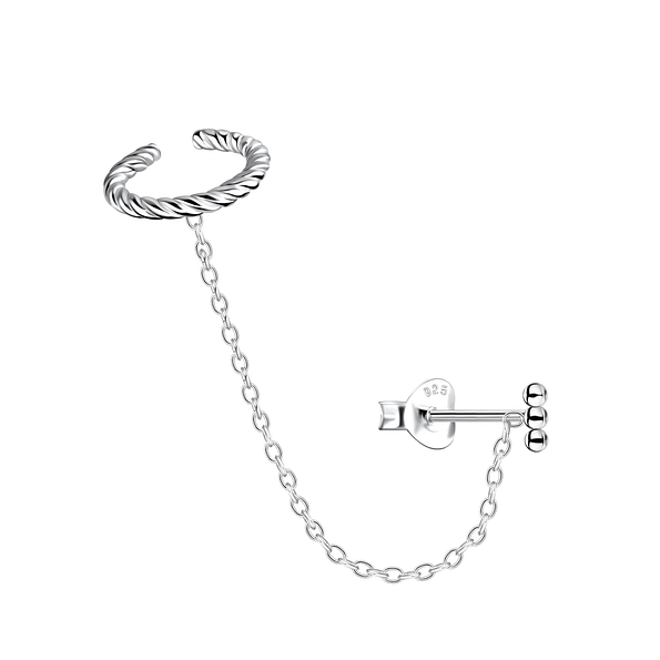 Silver Ball Bar Stud Earrings and Twisted Ear Cuff with Chain - 20942