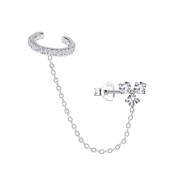 Silver Three Stones Stud Earrings and Eternity Ear Cuff with Chain - 20943