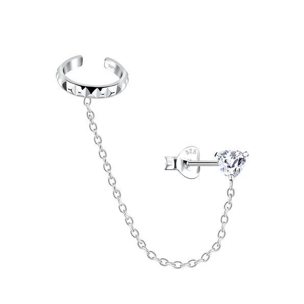 4mm Trillion Cubic Zirconia Silver Stud Earrings and Patterned Ear Cuff with Chain - 20944