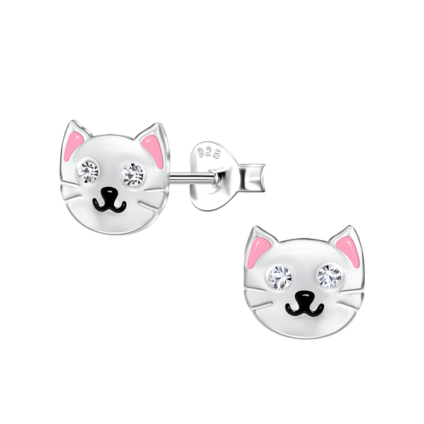 Silver Cat Stud Earrings - 21086