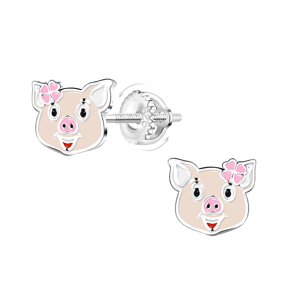 Silver Pig Screw Back Earrings - 20906