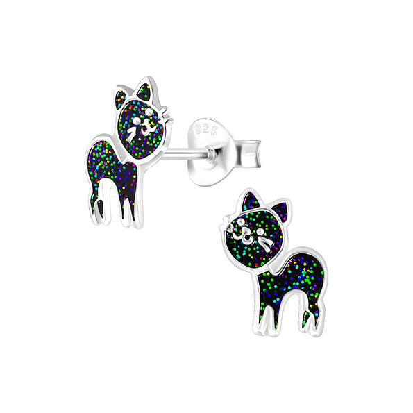 Silver Cat Stud Earrings - 21124