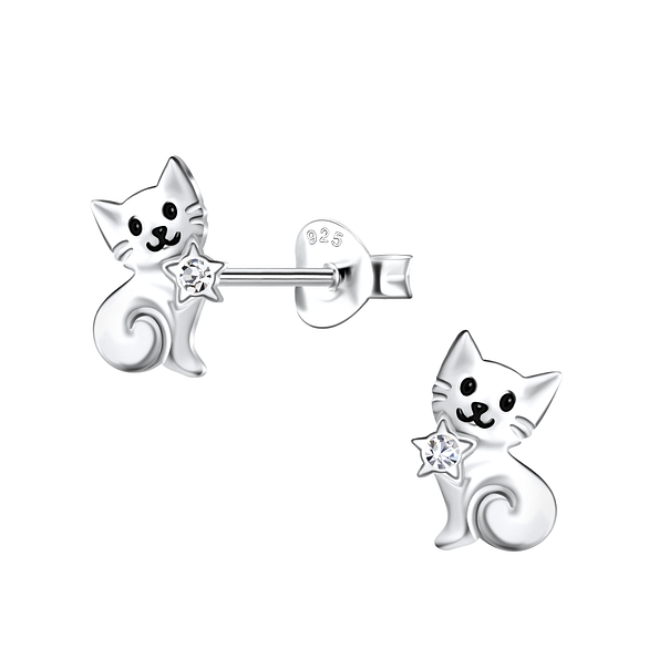 Silver Cat Stud Earrings - 21249