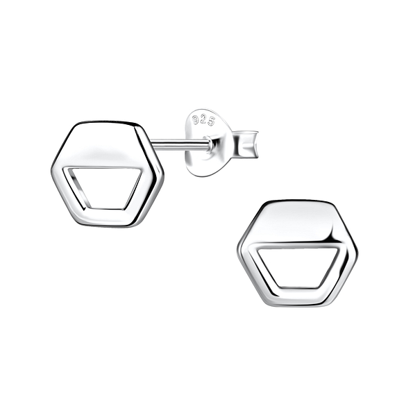 Silver Hexagon Stud Earrings - 21135