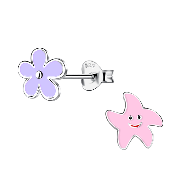 Silver Starfish and Flower Stud Earrings - 20355