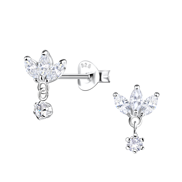 Silver Flower Stud Earrings with Hanging Stone - 21184