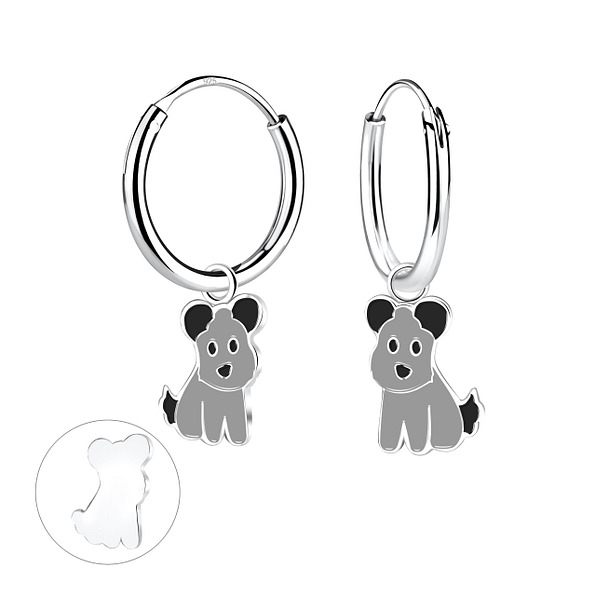 Silver Dog Charm Hoop Earrings - 12598