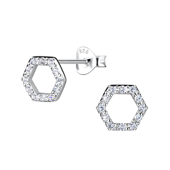 Silver Hexagon Stud Earrings - 21285