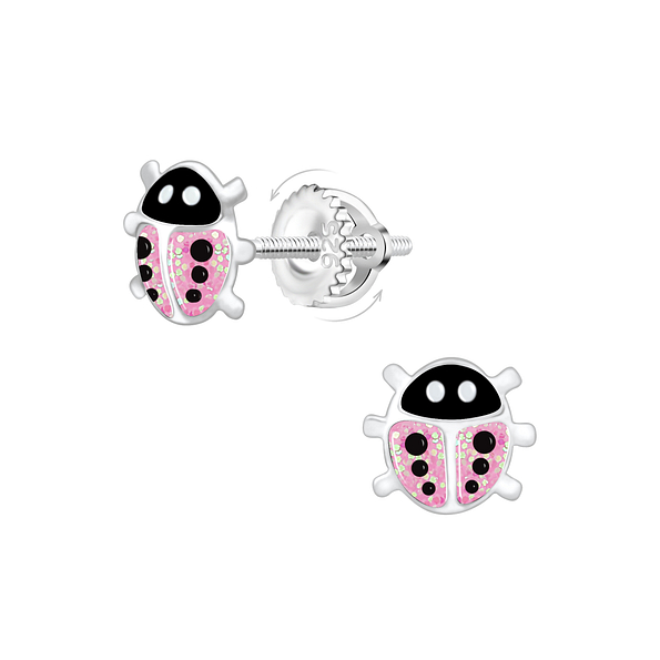 Silver Ladybug Screw Back Earrings - 21491