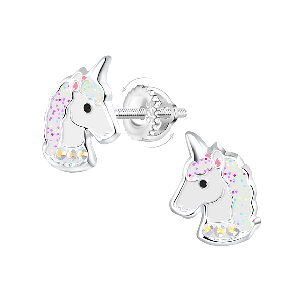 Silver Unicorn Screw Back Earrings - 21488