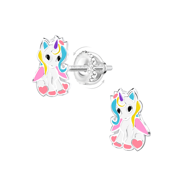 Silver Unicorn Screw Back Earrings - 21484
