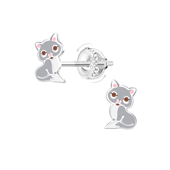 Silver Cat Screw Back Earrings - 21481