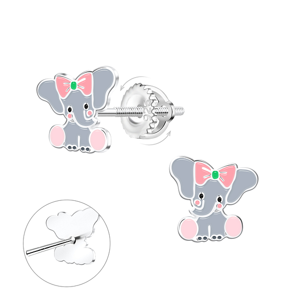 Silver Elephant Screw Back Earrings - 21478