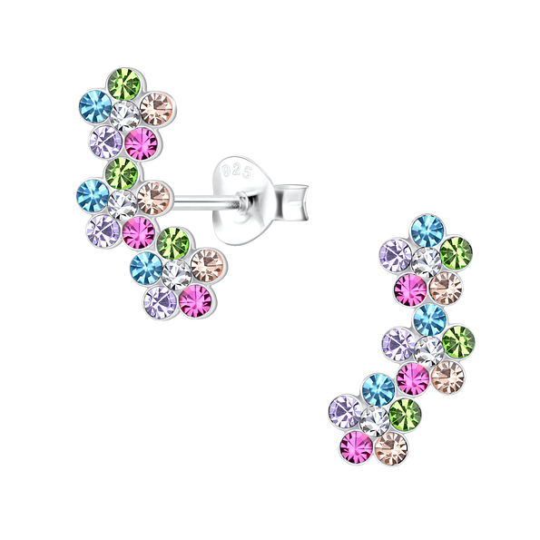 Silver Triple Crystal Flower Stud Earrings - 21583