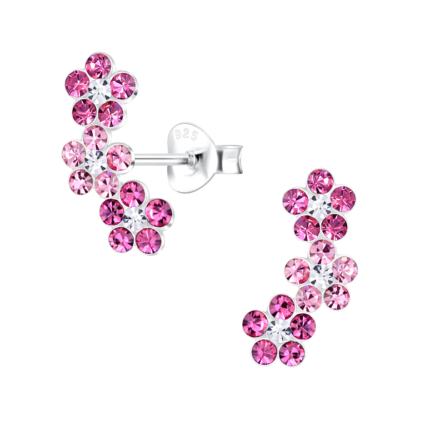 Silver Triple Crystal Flower Stud Earrings - 21582