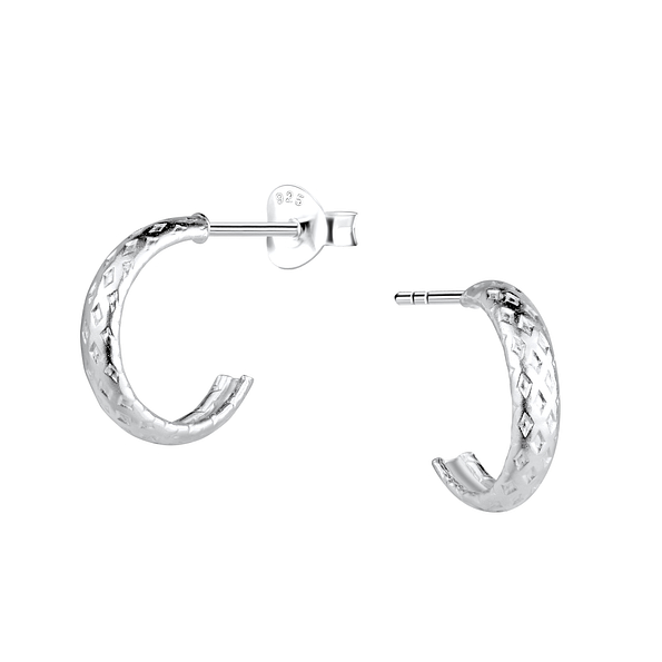 Silver Patterned Half Hoop Stud Earrings - 21652