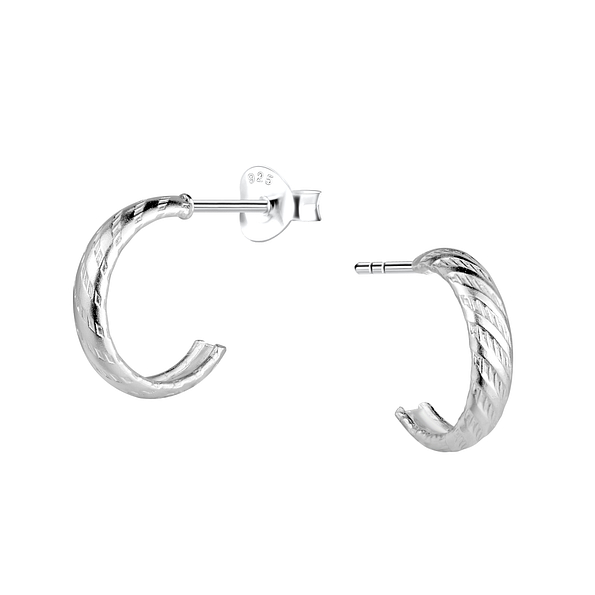 Silver Patterned Half Hoop Stud Earrings - 21653