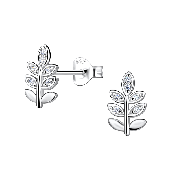 Silver Olive Leaf Stud Earrings - 21659
