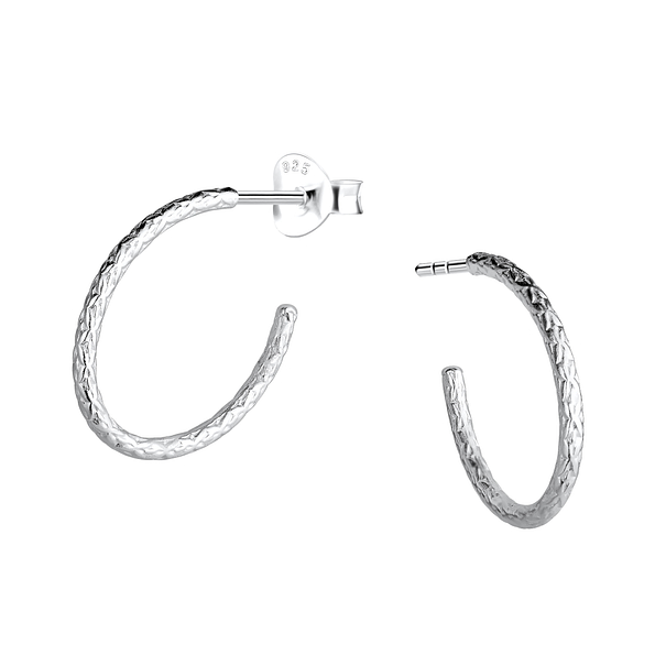 Silver Patterned Half Hoop Stud Earrings - 21693