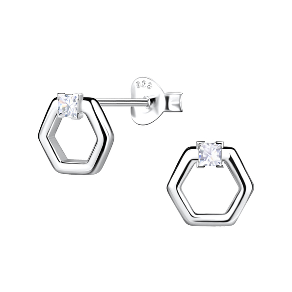 Silver Hexagon Stud Earrings - 21758