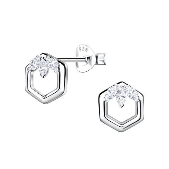 Silver Hexagon Stud Earrings - 21703