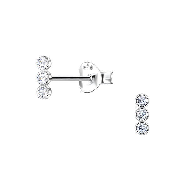 Silver Three Stone Stud Earrings - Wholesale - 21829