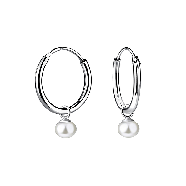 4mm Fresh Water Pearl Silver Charm Hoop Earrings - 21926