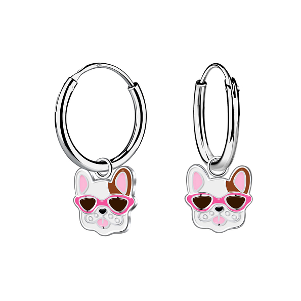 Silver French Bulldog Charm Hoop Earrings - 21915