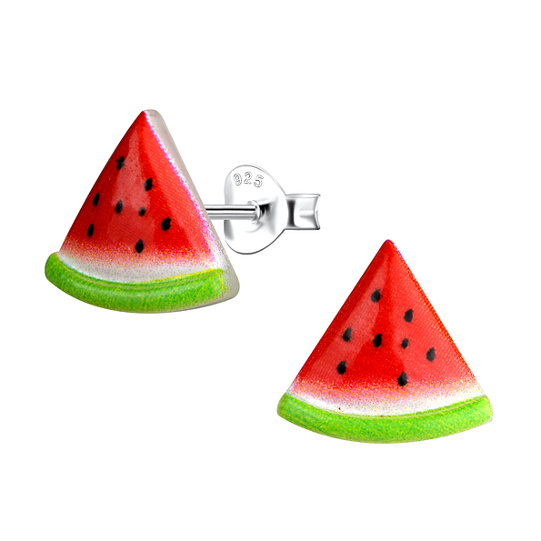Silver Stud Earrings with Resin Watermelon - 22015