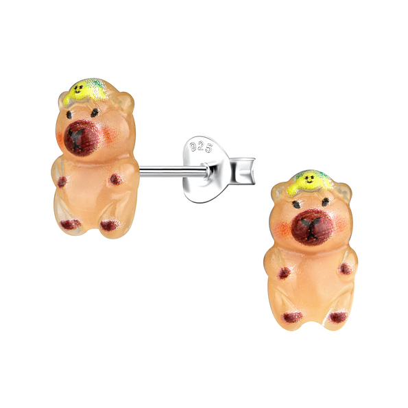 Silver Stud Earrings with Resin Capybara - 22014