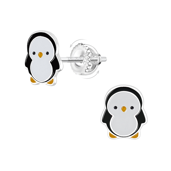 Silver Penguin Screw Back Earrings - 21938