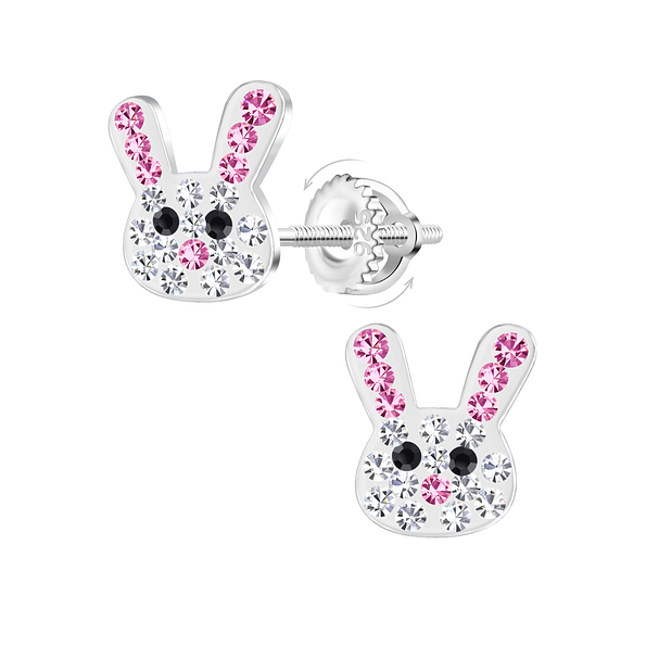 Silver Crystal Rabbit Screw Back Earrings - 21965