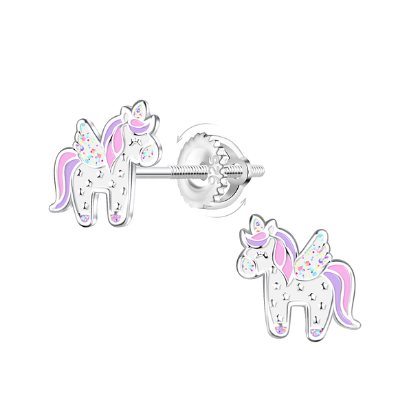 Silver Unicorn Screw Back Earrings - 21961