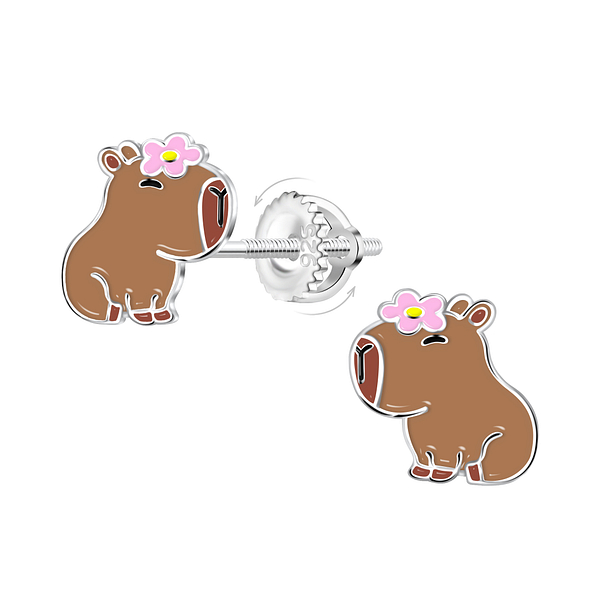 Silver Capybara Screw Back Earrings - 21949