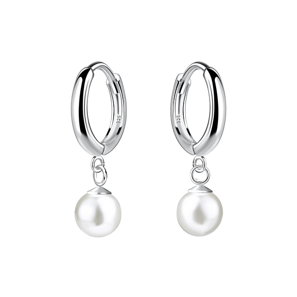 Silver Huggie Earrings with Hanging Pearl - 22057