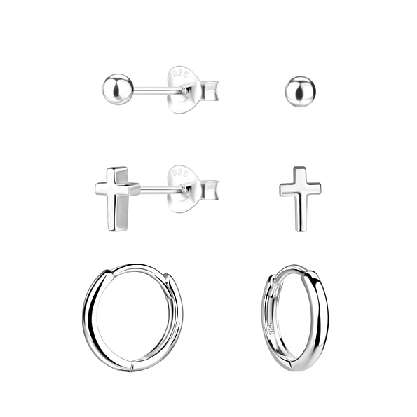Silver Cross Stud and Huggie Earrings Set - 22361