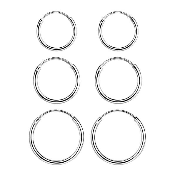 10mm, 12mm and 14mm Silver Hoop Earrings Set - 22351