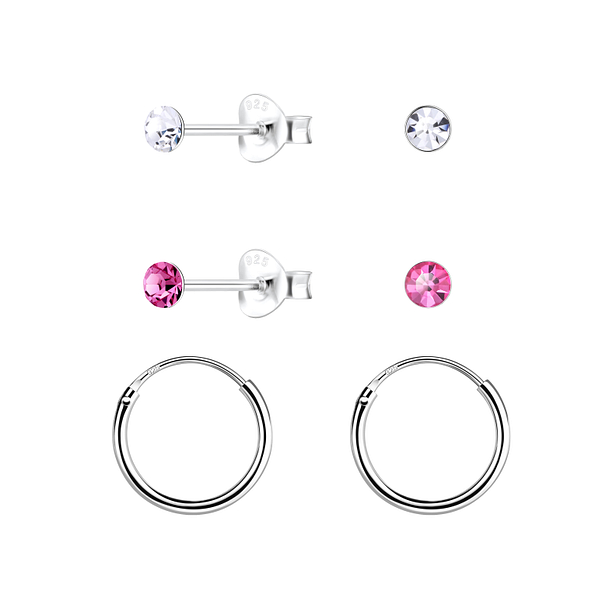 3mm Crystal Silver Stud and Hoop Earrings Set - 22358