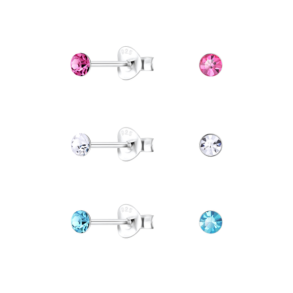 3mm Round Crystal Silver Stud Earrings Set - 22334 3mm Round Crystal Silver Stud Earrings Set - 22334