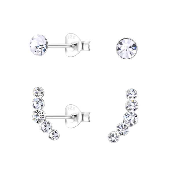 Silver Curved Crystal Stud Earrings Set - 22317